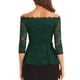 thumbnail image 3 of INSPIRAR CHIC Blusa de Encaje Floral para Mujeres, Off Shoulder, Transparente, Manga 3/4, Top Peplum XS Verde Oscuro, 3 of 5