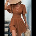 thumbnail image 4 of Vestido Mini de Verano con Escote en V y Mangas con Volantes, Corte A, Cintura Alta Elástica, Holgado y con Vuelo. Color Caramelo S, 4 of 9