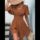 thumbnail image 4 of Vestido Mini de Verano con Escote en V y Mangas con Volantes, Corte A, Cintura Alta Elástica, Holgado y con Vuelo. Color Caramelo S, 4 of 9