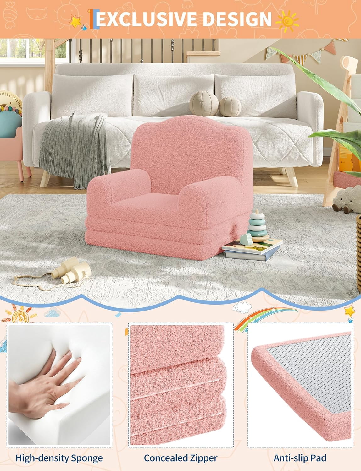 Kids Couch, 2-in-1 Convertible Teddy Fleece Fabric Toddler Sofa Chair, Soft Fold Out Couch Lounger for Kids, Comfy Children's Sofa Bed for Playroom, Nursery, Birthday Gift (Pink Crown)