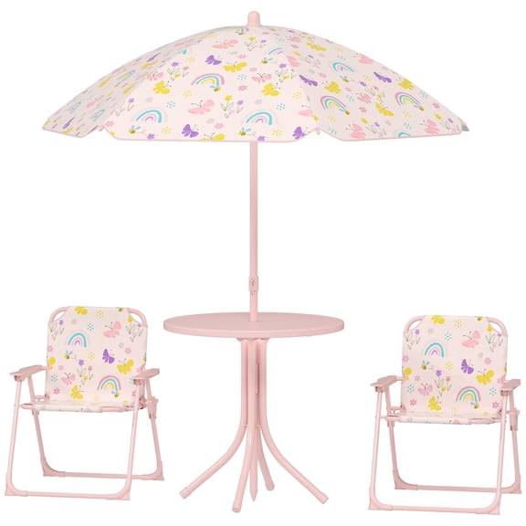 Dranite Kids Pink Picnic Table & Chair Set, Outdoor Play Table with 2 Foldable Chairs