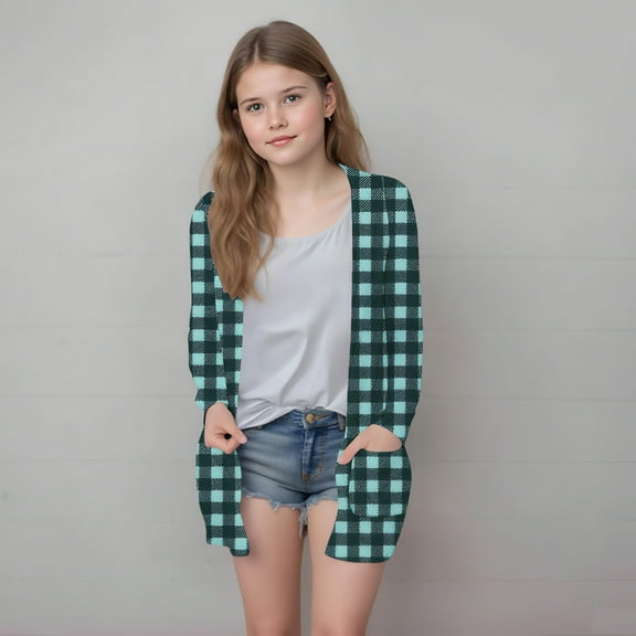 Delliss Fall Clothes For Girl Trendy Checkered Print Cardigan Thin Top With Pocket Mint Green 160