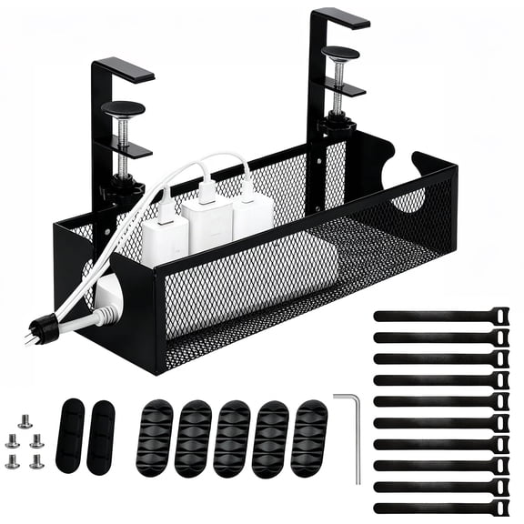Under Desk Cable Management, Metal Mesh Cable Net with Clamp, No Drill Cord Organizer for Standing Desk, Home Office and Living Room, Black