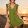 thumbnail image 4 of Xdegoge Mini Dress for Women A-Line Fit Short Flutter Sleeve V-Neck Sun Dresses Solid Color Empire Waist Casual Dress Spring Summer Holiday, 4 of 5