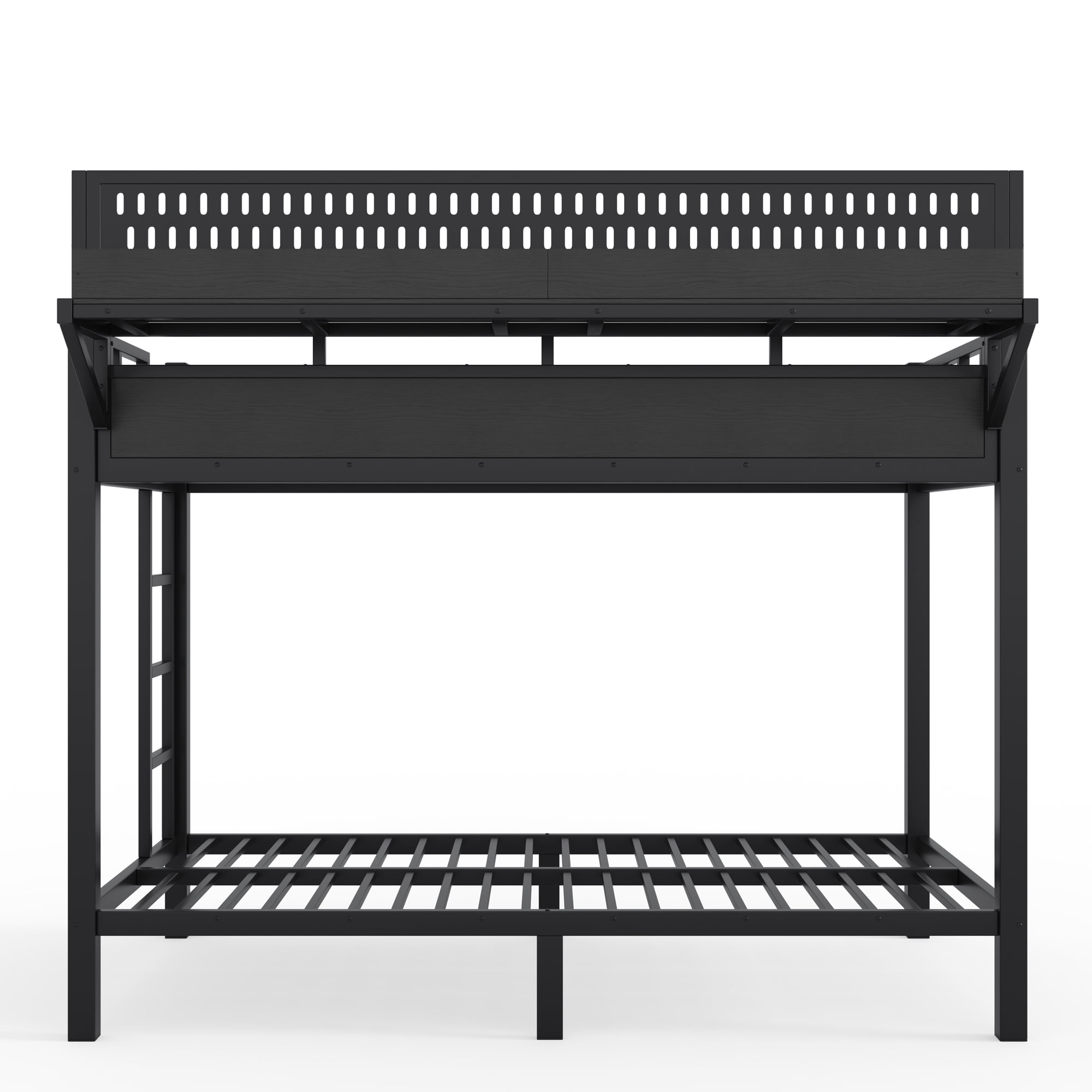 Leumius Metal Bunk Bed with Storage Shelves and Pegboard,Twin XL over Twin XL Size Bunk Bed Frame with USB Ports and LED Lights, Space-Saving,Black