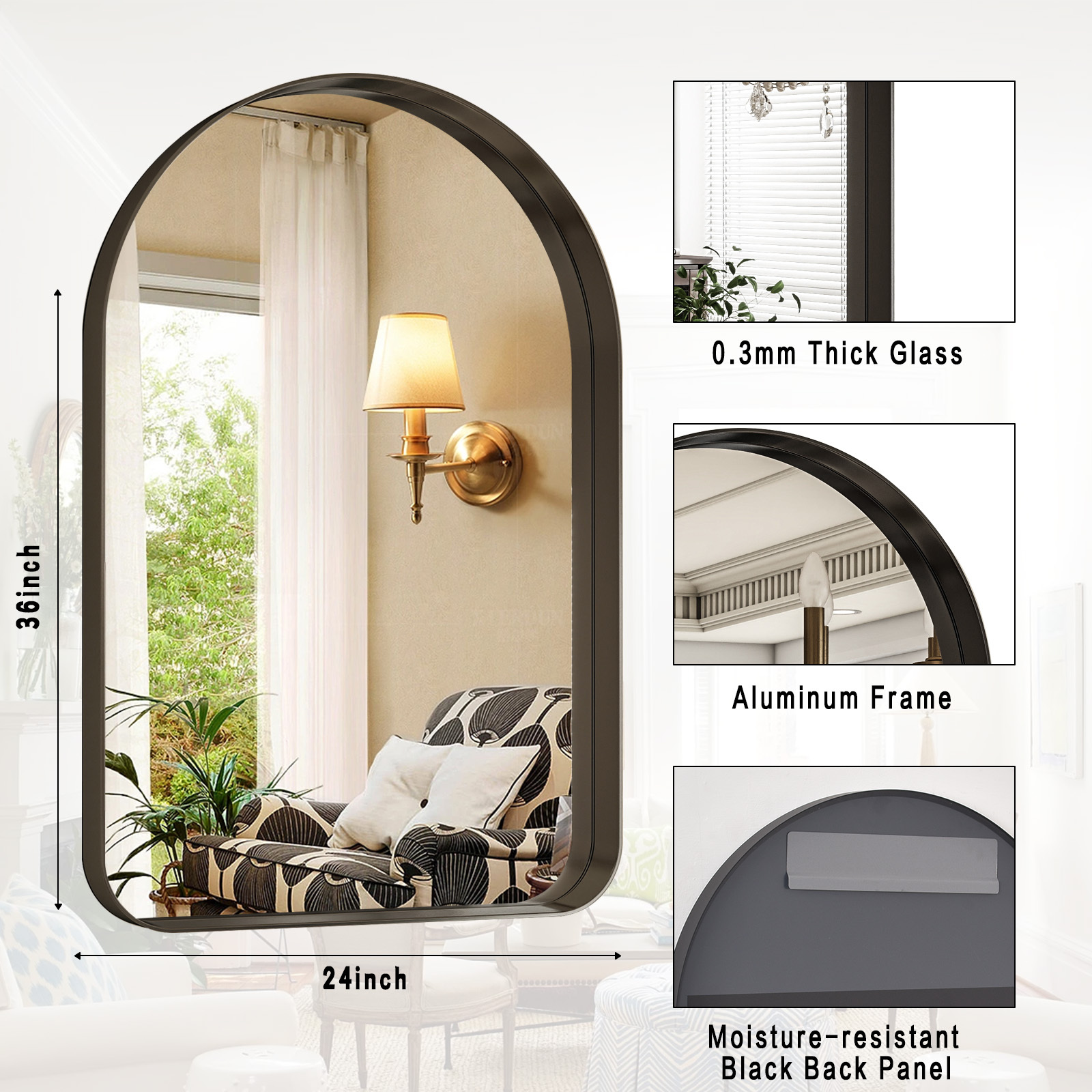 Mirrasia 24"x36" Arched Bathroom Mirror Rounded Corner Wall Mirror with Metal Deep Frame, Black