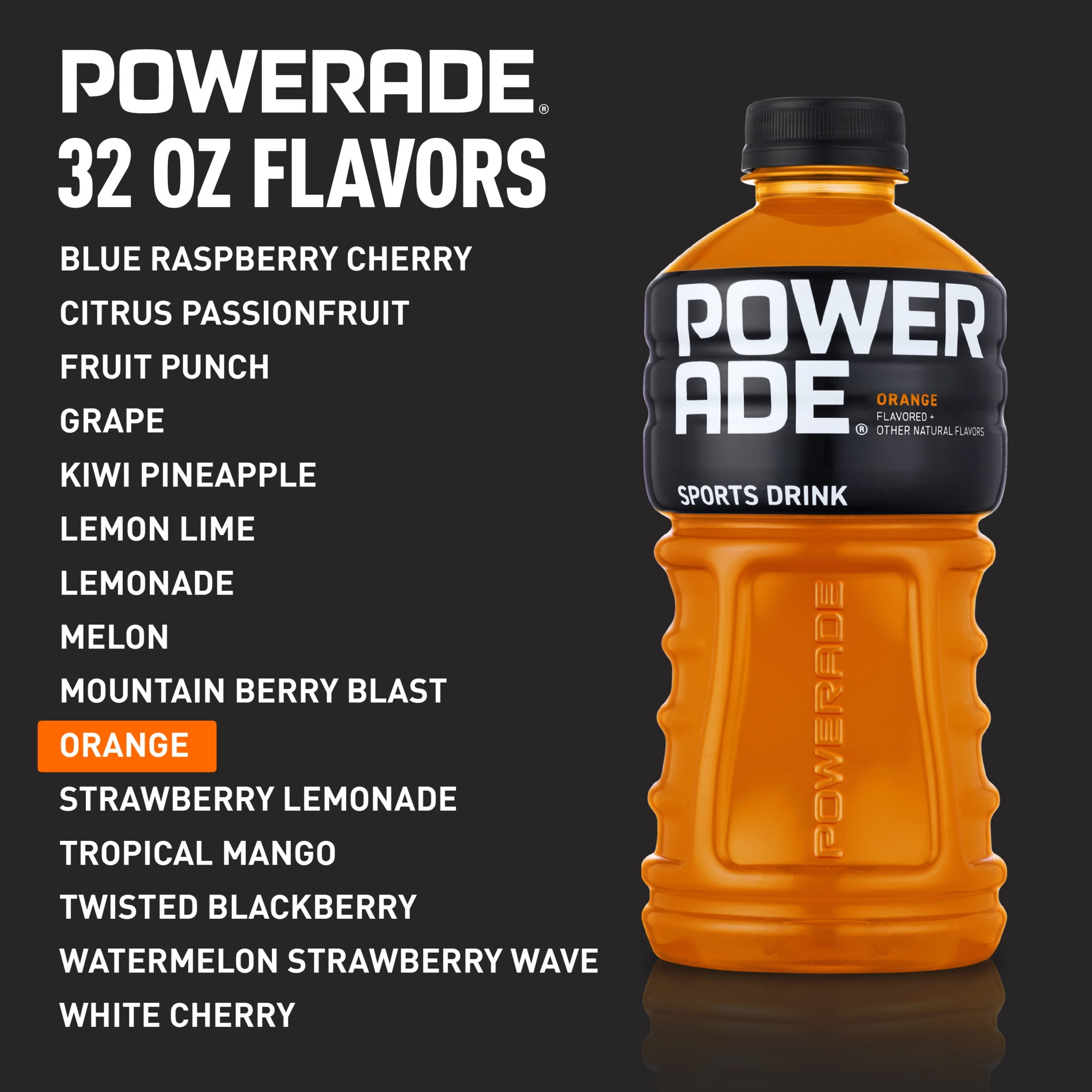 POWERADE Orange, ION4 Electrolyte Enhanced Fruit Flavored Sports Drink w/ Vitamins B3, B6, and B12, Replenish Sodium, Calcium, Potassium, Magnesium, 32 fl oz