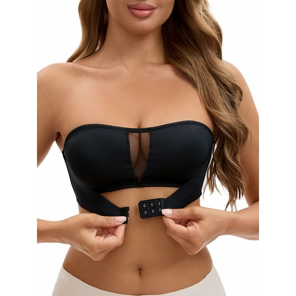INSPIRE CHIC Women's Mesh Front Closure Push Up Wirefree Bandeau Strapless Breathable Tube Bras S Black