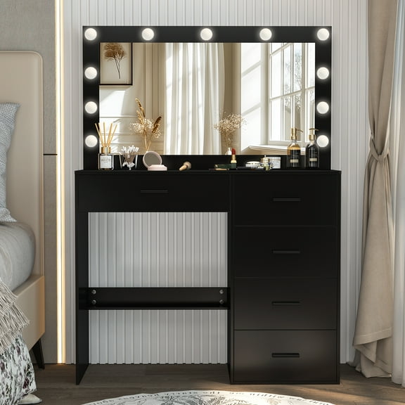 5 Drawers Vanity Desk Set with Large LED Lighted Mirror for Bedroom Makeup Table