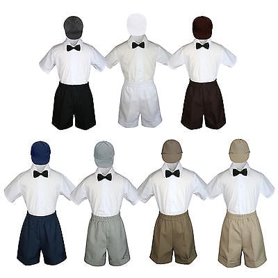 4pc Set Boy Toddler Formal Black Bow Tie White Gray Navy Khaki Shorts + Hat S-4T
