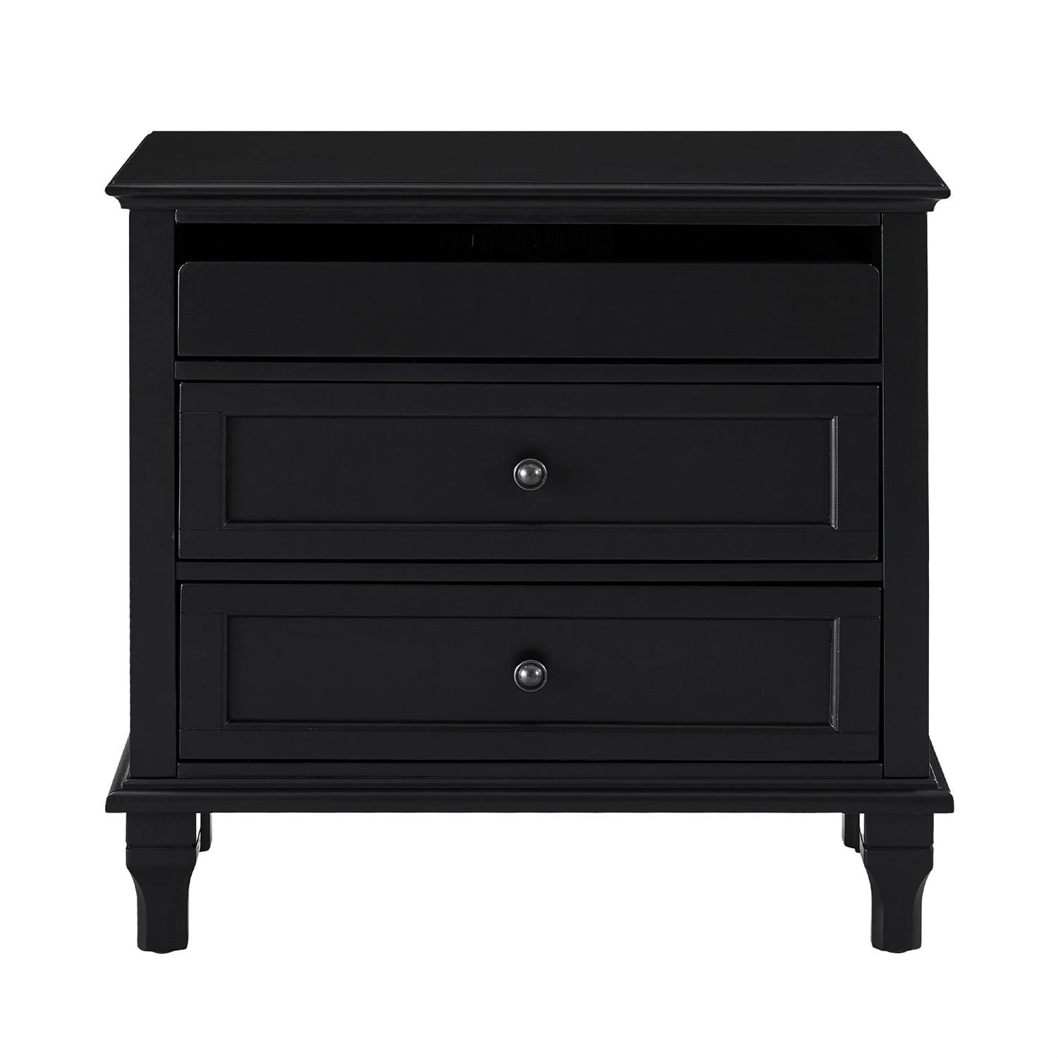 Hommoo 28" Farmhouse Wood Nightstand with Built-in Charging Station, 3 Drawers, 2 AC Outlets, USB & Type-C Ports, Solid Wood Legs, Bedside Table for Bedroom, Living Room or Office, Black