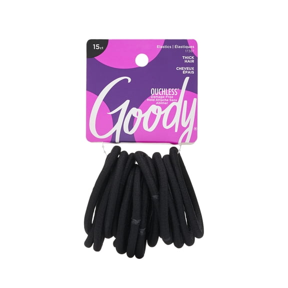 Goody Ouchless Super Stretch Hair Ties, Secure Grip, All-Day Wear, For Thick Hair, Black, 15 Ct