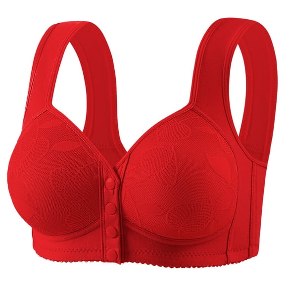 Ohufall Women's Bras Plus Size Lace Trim Front Buckle Wirefree Bra Fixed Cup Push Up Breathable Underwear