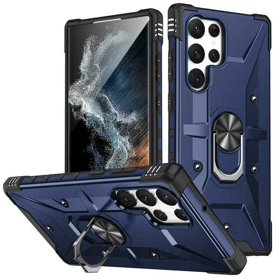Nalacover Rugged Case for Samsung Galaxy S23 Ultra, Heavy Duty Hybrid PC + TPU Military Grade Shockproof Cover with Rotated Ring Holder Kickstand Magnetic Car Mount Non-Slip Case, Deep Blue