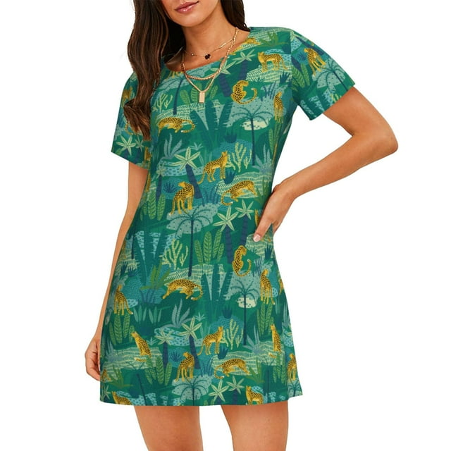 Fotbe Jungle Leopard Bata de Dormir para Mujer con Estampado, Camisón de Algodón de Manga Corta, Ropa de Dormir Casual