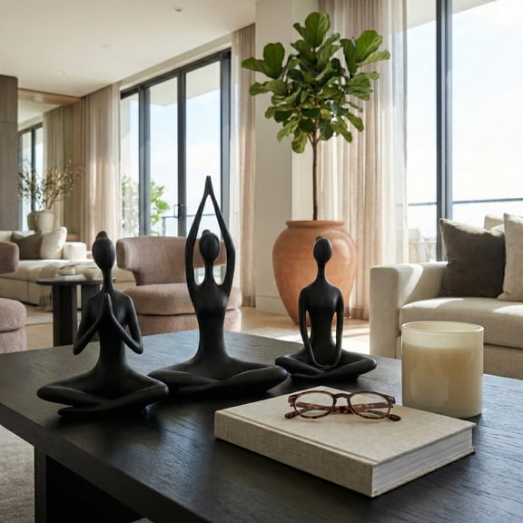 Decorative Resin Yoga Ladies Figurine for Home or Bahroom Decor - Ornament Statue for Office, Living Room, or Shelf - Sculptural Accent for Hallway or Coffee Table - Set of 3, 13", 10", 10", Black