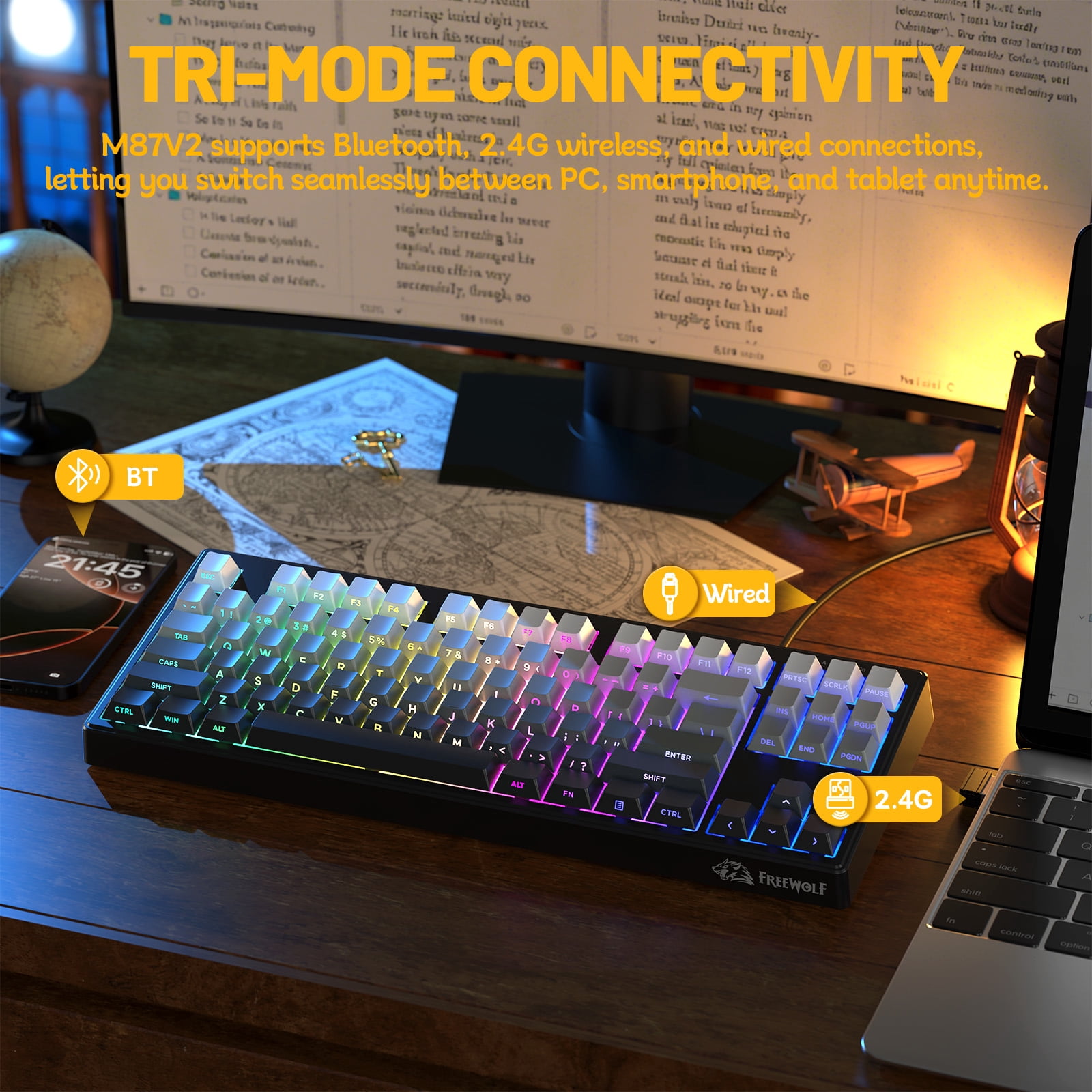 ZIYOU LANG M87V2 Wireless Keyboard, 80% TKL Creamy Keyboard, Low Profile Quiet Typing, Side-Printed PBT Keycaps, RGB Backlit, Gray