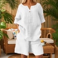 thumbnail image 4 of IWRICH Women's Short Sets 2 Piece Outfits Plus Size Linen Short Sleeve Shirts and Shorts Spring Summer Outfits White XL, 4 of 6