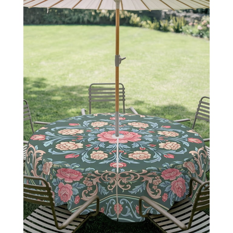 54 round patio table cover with umbrella hole flowers 60x120 Inch Outdoor Tablecloth with Umbrella Hole Zipper Rectangle Abstract  Floral Rectangular Tablecloths Waterproof Southwest Ethnic Flower