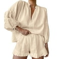 thumbnail image 2 of GZWYHT Lounge Sets for Women Comfy Sets for Women Clothing Pajama Sets Long Sleeve Button Down Shirts And Shorts Fall Tracksuit Two Piece Sets for Women Two Piece Sets for Women Summer Beige L, 2 of 4