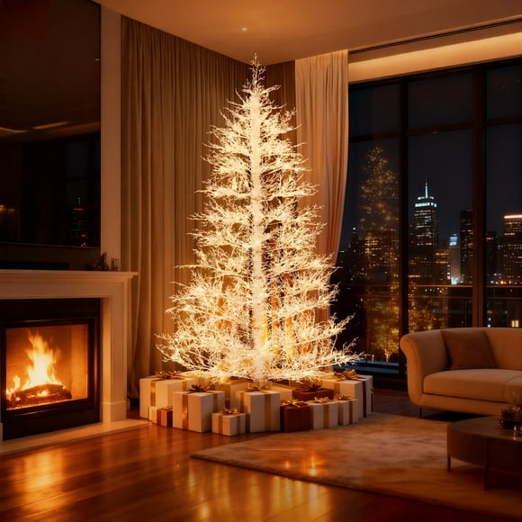 DEXTRUS 6ft Prelit Christmas Tree with 550 PE Tips & 300 LED Lights, Birch White Artificial Christmas Tree with Remote Control,11 Light Modes and Metal Base, Christmas Decoration for Home