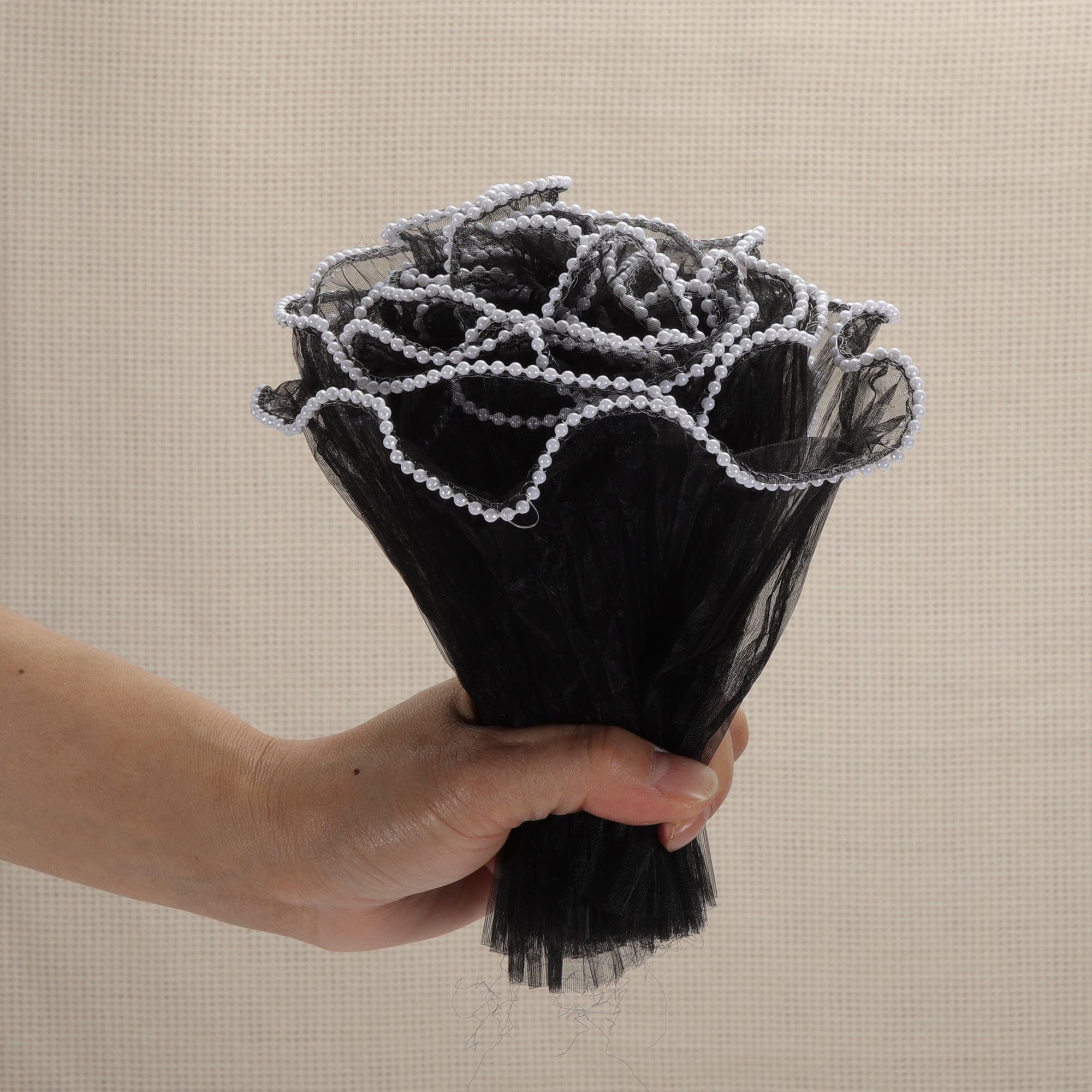 Unique Bargains Faux Pearl Edge Wrinkled Flower Wrap for All Occasions Black