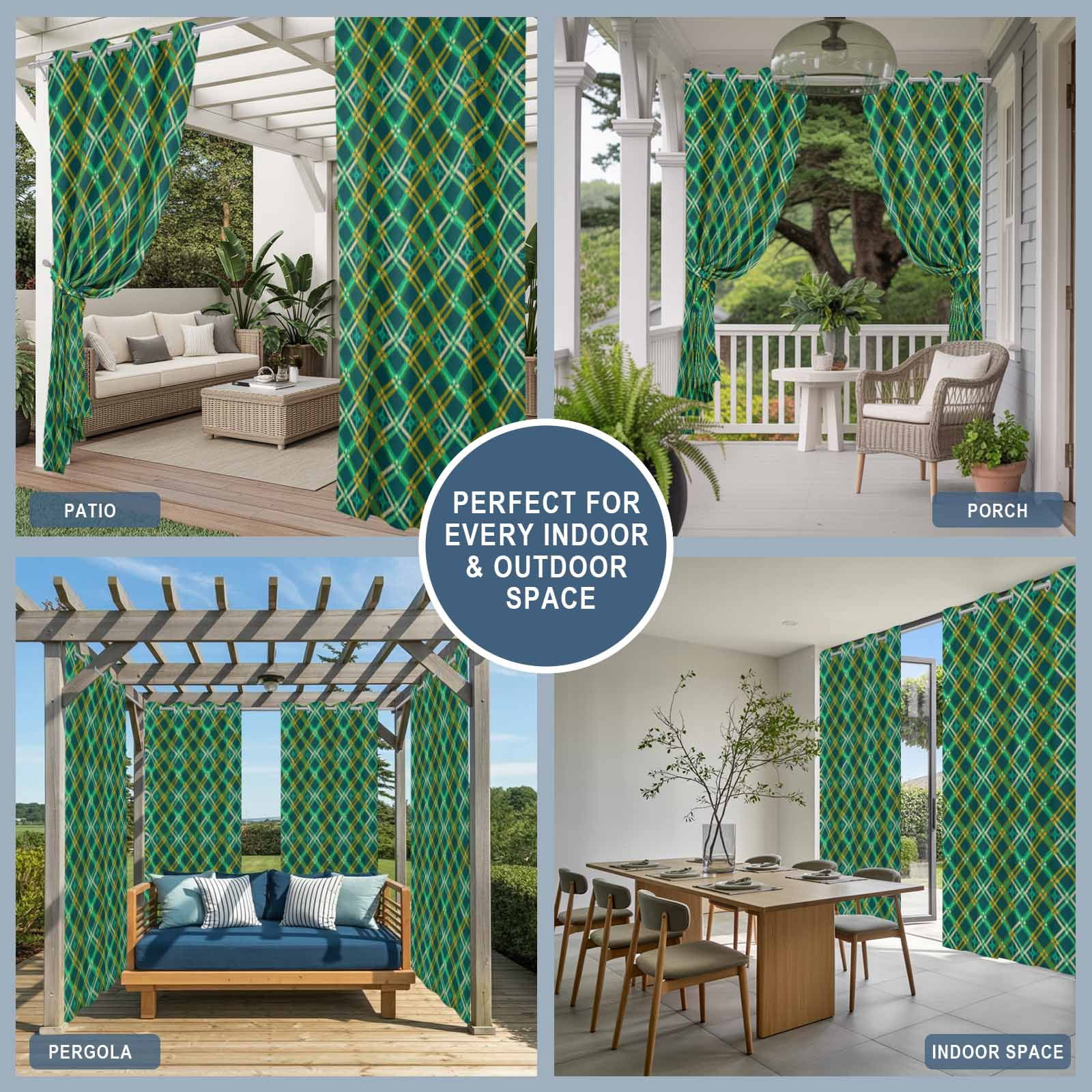 Outdoor Curtains for Patio Waterproof, Vintage Green Check Windproof Pravicy Outside Porch Blackout Curtain, Geometric Tartan Plaid Ethnic Sun Blocking Grommets Curtains for Cabana 2 Panels 54"x95"