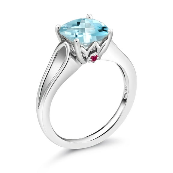 Gem Stone King 3.48 Ct Cushion Checkerboard Sky Blue Topaz Red Created Ruby 925 Silver Ring (Size 7)