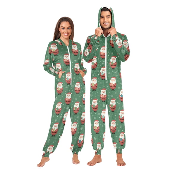 Wobogo Jolly Santa Claus Unisex Pajamas Hooded Onesie Jumpsuit Zipper version Non-Footed Women&Men