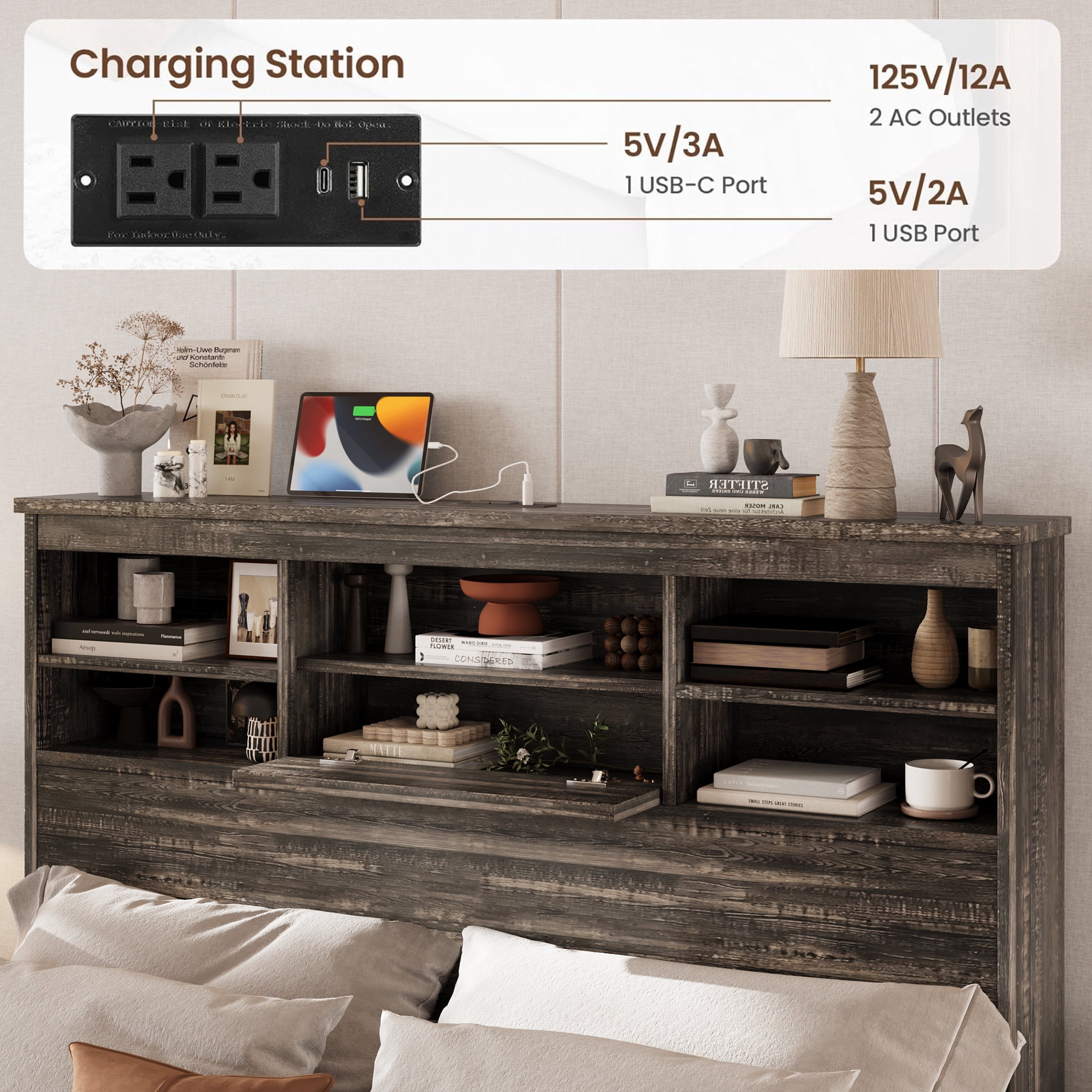 Noble House 4PCS Bedroom Set, Queen Bed with Storage Headboard & Charging Station, 2 Nightstands, 5-Drawer Dresser, Antique Gray
