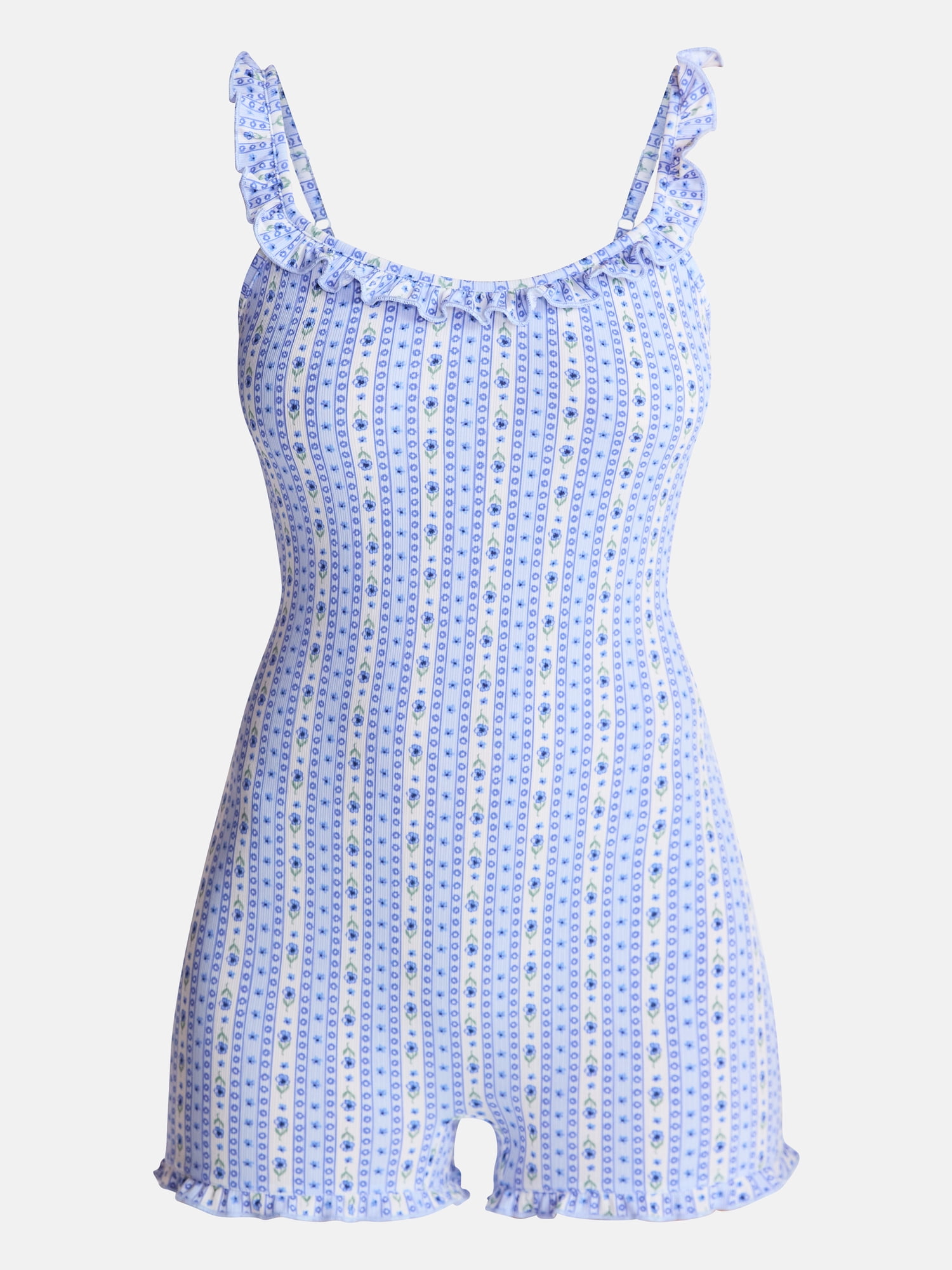 No Boundaries Ruffle Neck Sleep Romper, Women's XS-XXL