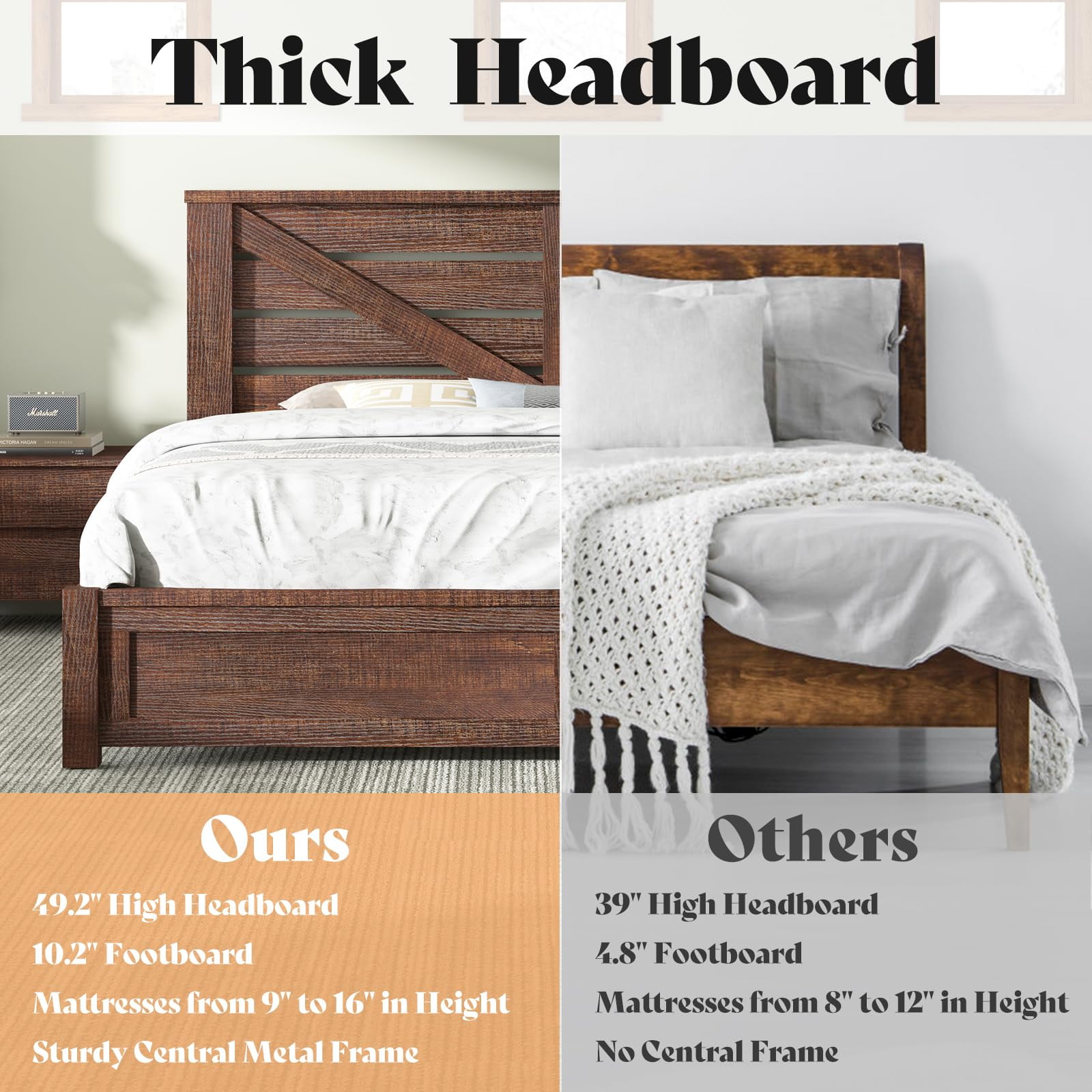 LUXOAK King Size Farmhouse Bed Frame with Rustic Barn Door, Storage Space and Wood Slats, Brown