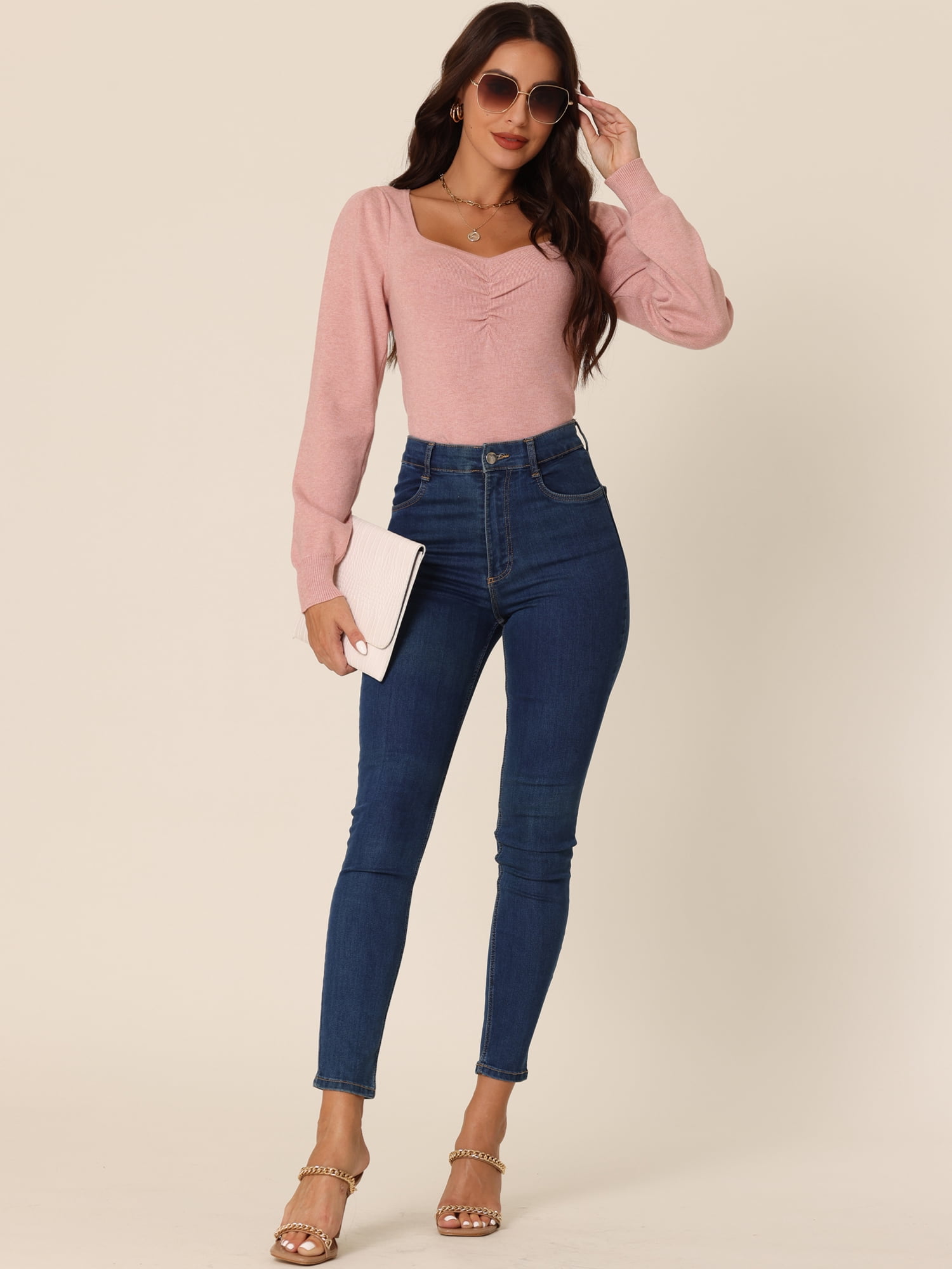 Unique Bargains Women's Rib Knit Sweater Long Puff Sleeve Sweetheart Neck Jumper Tops XL Pink
