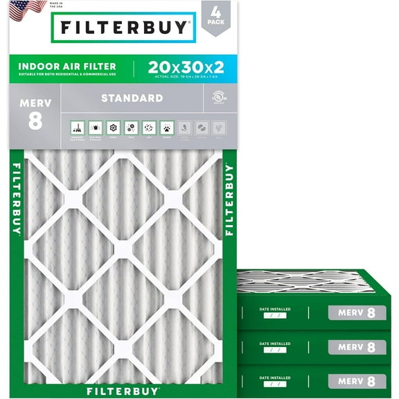 Filterbuy 20x30x2 MERV 8 Dust Defense, Pleated HVAC AC Furnace Air Filters (4-Pack)