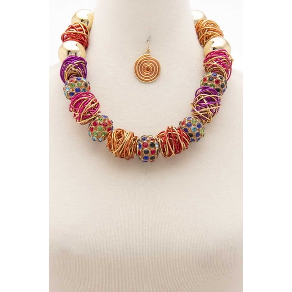 Chunky Beaded Wire Wrapped Necklace Gold