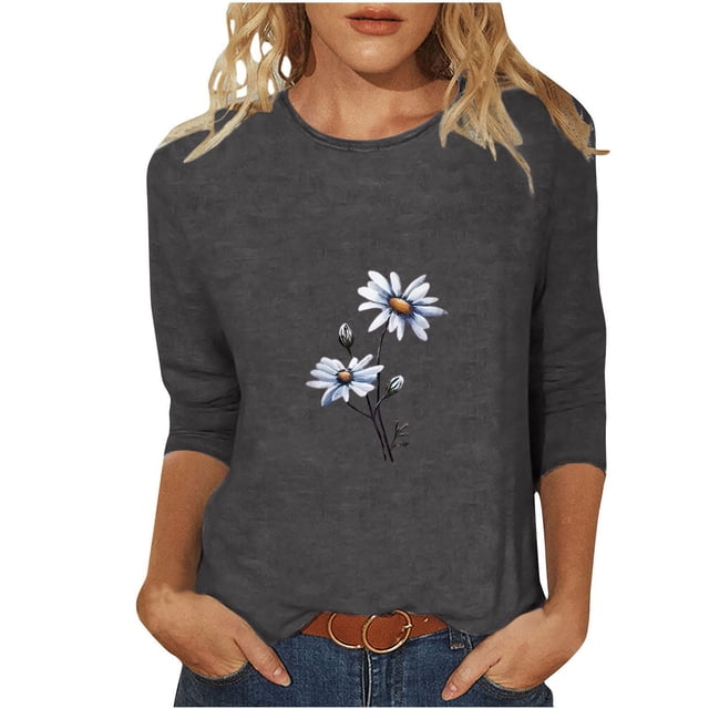 QIPOPIQ Hauts pour Femmes Chemises à Manches 3/4 Col Rond Blouses Amples Décontractées T-Shirts à Imprimé Marguerites Liquidation