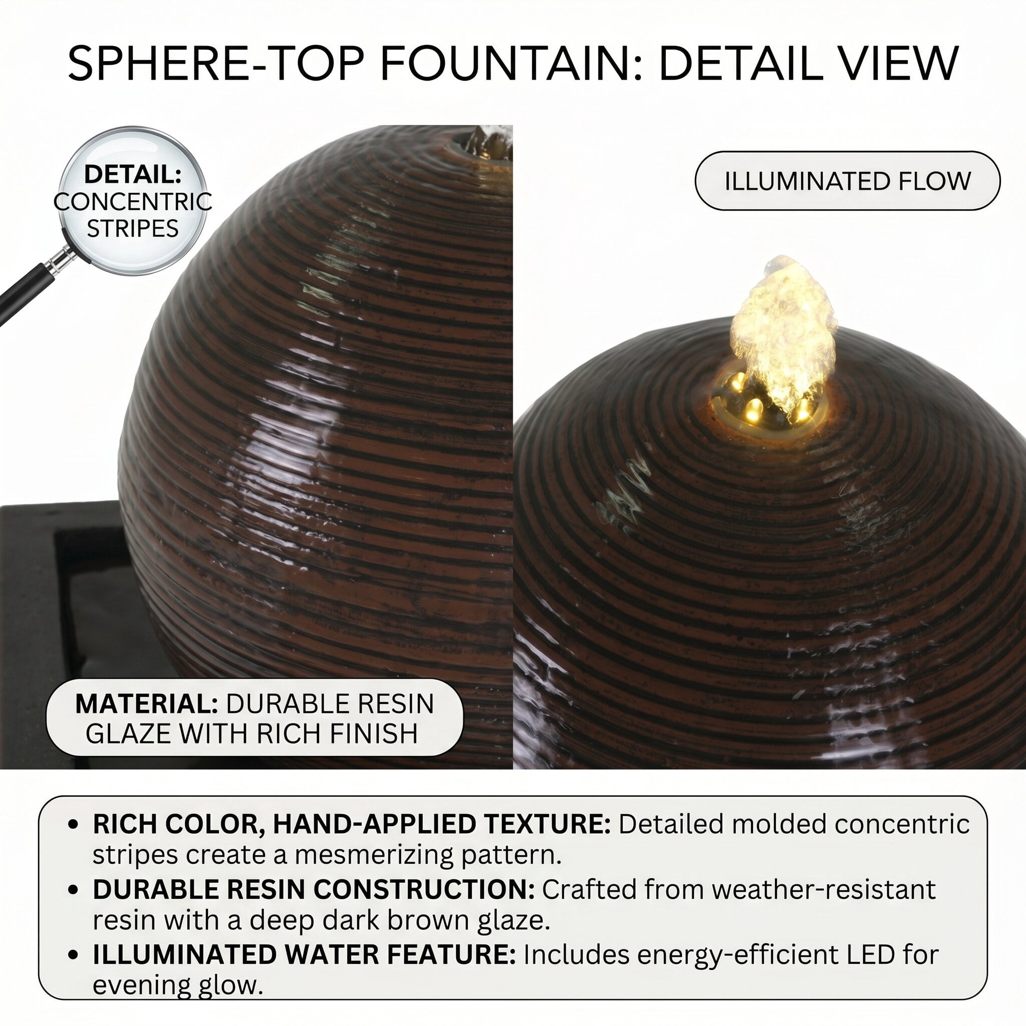 35.50" H Modern Outdoor Water Fountain with LED Light, Resin Sphere Pedestal Water Feature with Recirculating Pump for Patio, Garden, Yard Decor, Brown