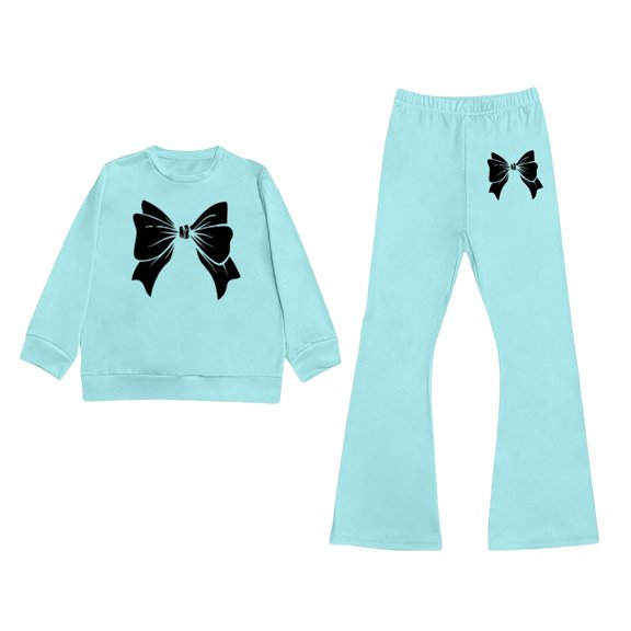 Shadoumai Girls' Summer 2-Piece Outfit Set Bow-Embellished Long-Sleeve Top Flared Pants Size 8-13 Years