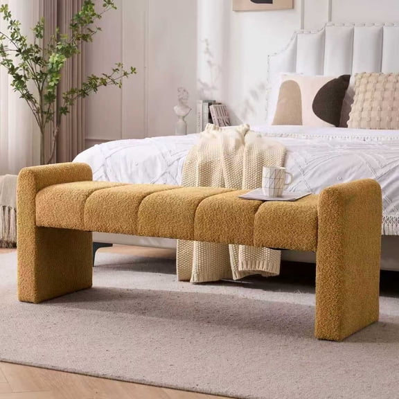 Boucle End of Bed Bench Upholstered Modern Bedroom Bench Channel Tufted Window Bench Comfy Long Ottoman for Living Room/Hallway/Indoor