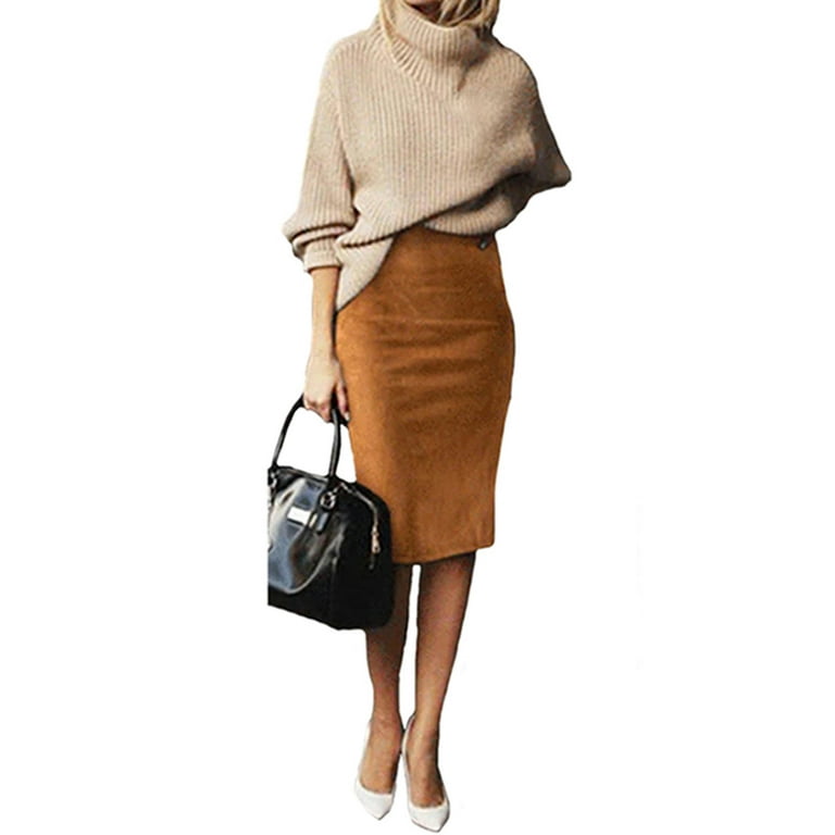 Sexy Multi Color Suede Midi Pencil Skirt Women Fashion Elastic High Waist Office Lady Bodycon Skirts Brown XL Walmart