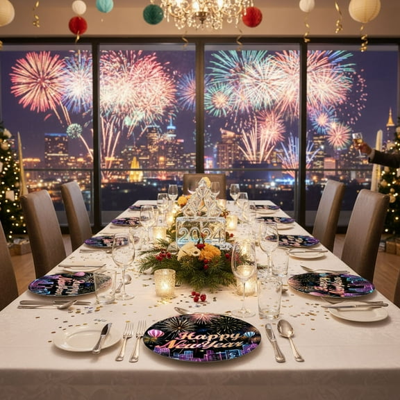 Hxlamzoo 20 Pcs New Year Paper Plates Multicolor Disposable Tableware 7x7 & 9x9 Inch for New Year's Eve Party Holiday Celebration Home Gathering Dessert Supplies