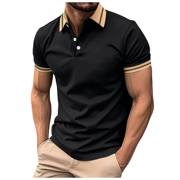 Kcolen Black Polo Shirts for Men Cotton Men's Summer Casual Short Sleeve Shirt Patchwork Design Holiday Tops for Comfortable Wear Summer Casual Vacation Basic
