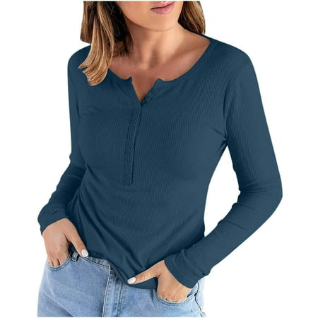 

XFLWAM Women Ribbed Long Sleeve Button Down T-Shirt Under Scrub Crew Neck Basic Henley Top Blue S