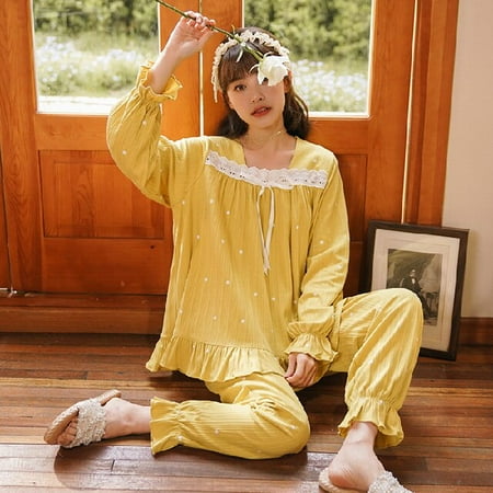 

PIKADINGNIS Womens Pajamas Set Autumn Winter Kimono Elastic Waist Sleepwear Set Cotton Womens Long Sleeve Nightwear Print Top Long