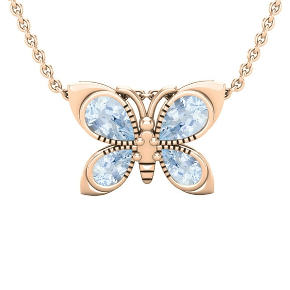 Dazzlingrock Collection Pear Aquamarine Butterfly Pendant for Women with 18 Inch Gold Chain (Color Blue, Clarity Moderately Included) in 10K Rose Gold