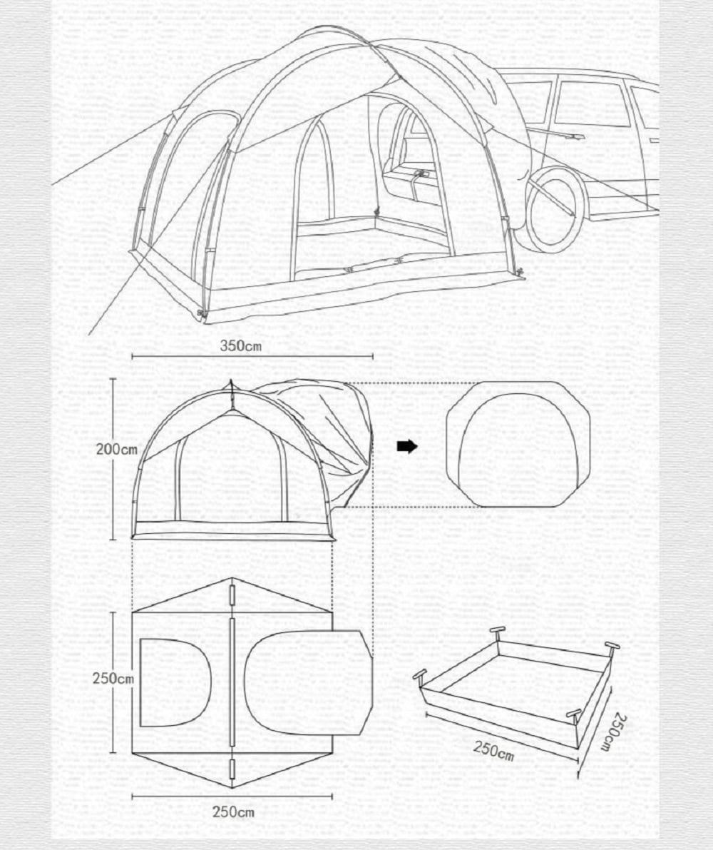 Portable Self-Driving Camping Tunnel Side Car Awning, Professional Sun Protection Tent for Outdoor SUV Rear Tailgate