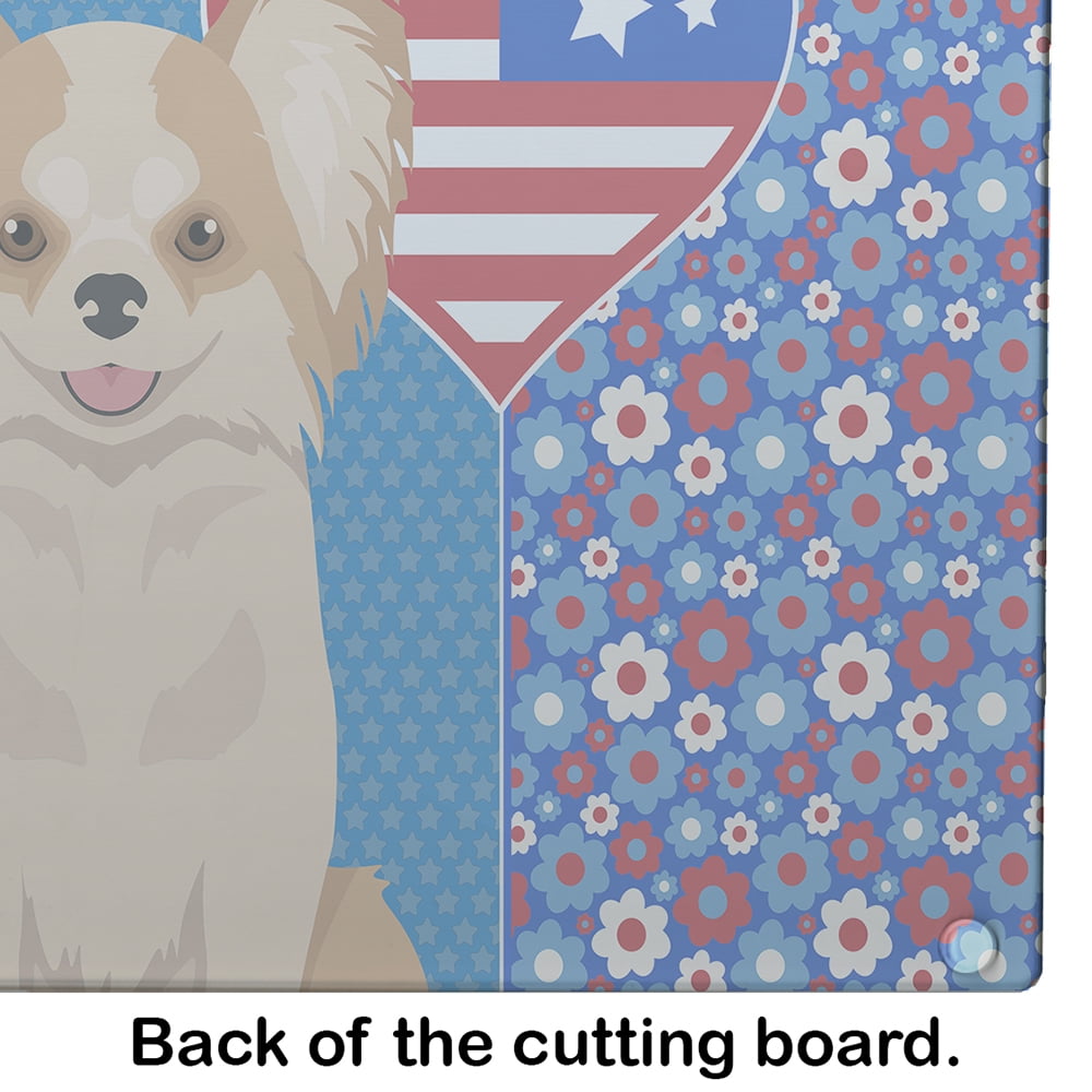 Longhaired Gold and White Chihuahua Glass Cutting Board Large 12 in x 15 in