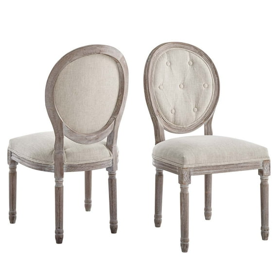 French Vintage Side Dining Chair, Set of 2, Fabric, Wood, Beige, Modern Contemporary Urban Design, Kitchen Room Cafe Bistro Restaurant Hospitality