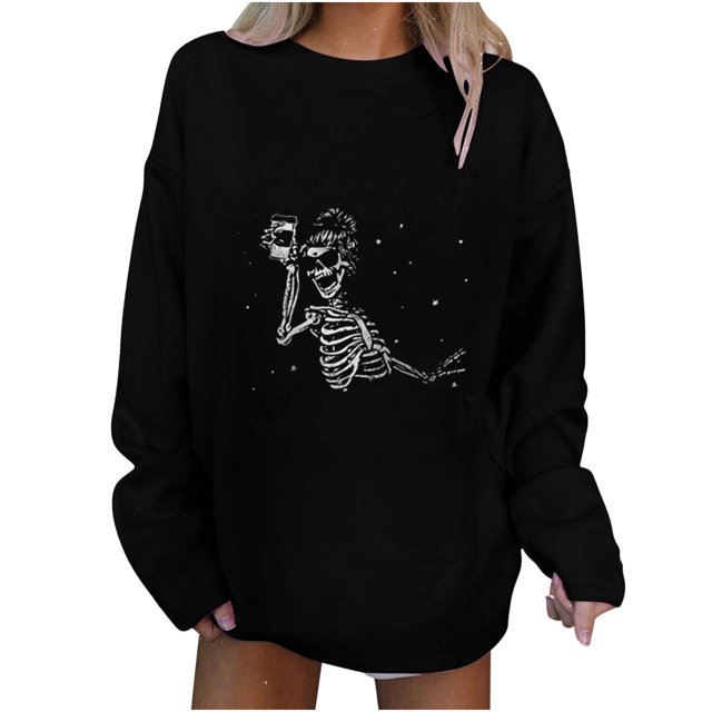 Blusa de manga larga con cuello redondo y estampado de calavera a la moda para mujer Pompotops gfhjh16915