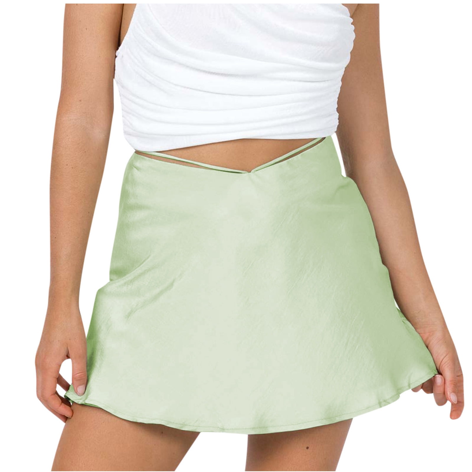 Yuyuzo Women s Casual Mini Skirt Solid Color Satin Silk High Waist Slim Fit A Line Short Skirt For Women Green